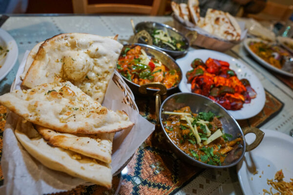 Kabab & Curry Entree Spread and Garlic Naan